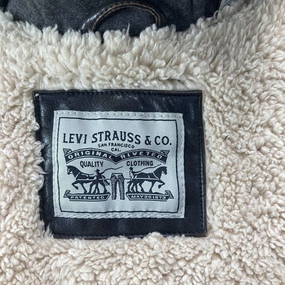 Levi Strauss Brown Faux Leather Jacket Hooded Womans Large Sherpa quilted zip - Picture 7 of 13